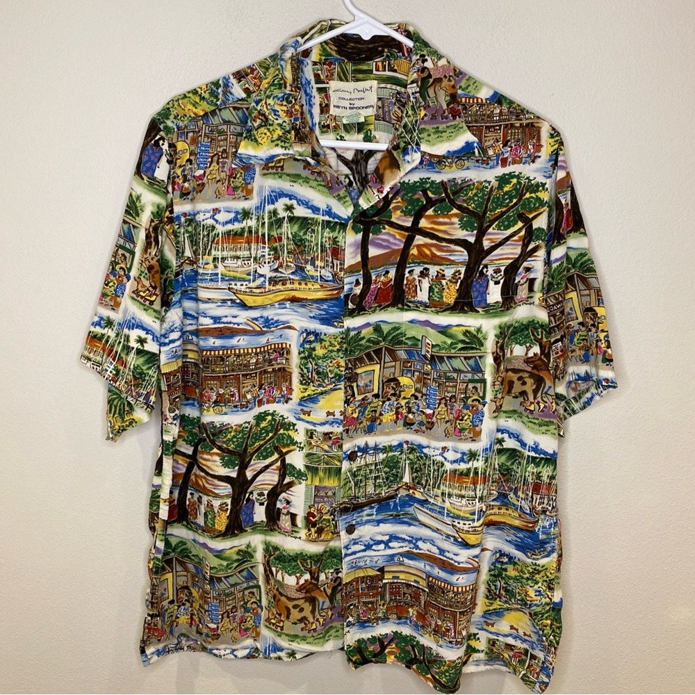 Reyn Spooner Guy Buffet Men’s‎ L Button Up Vintage Shirt Boats Cows Trees Aloha